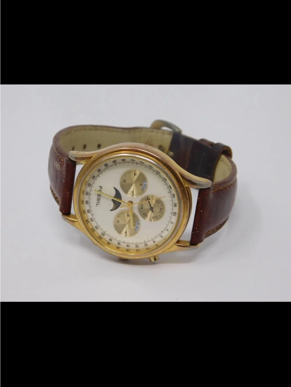 Fossil BQ 8443 Vintage 1995 Watch Moon Phase Gold Brown Leather Band Collectible